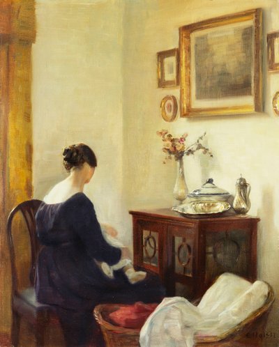 Äiti ja lapsi sisätiloissa (öljy kankaalle) tekijältä Carl Holsoe