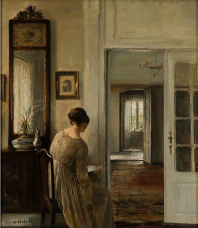 Luento. La femme du peintre - Lukeminen. Taidemaalarin vaimo - Carl Holsoe (1863-1935). Öljy kankaalle Mitat : 58x52 cm Yksityiskokoelma tekijältä Carl Holsoe