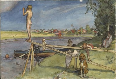 Miellyttävä uimapaikka. Teoksesta A Home (26 akvarellia) tekijältä Carl Larsson