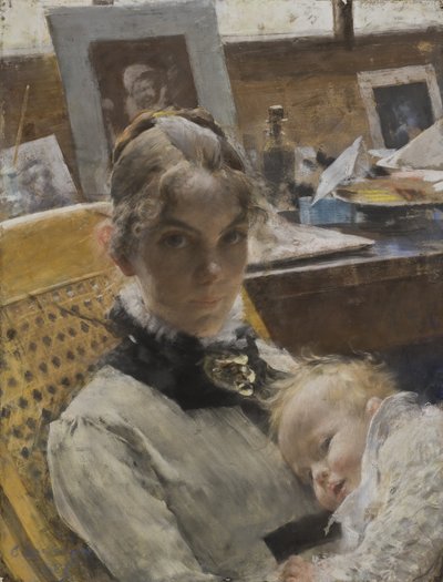A Studio Idyll: Taiteilijavaimo ja heidän tyttärensä Suzanne, 1885 (pastelli) tekijältä Carl Larsson