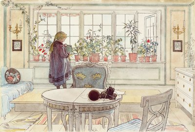 Kukat ikkunalaudalla, "A Home" -sarjasta, n. 1895 tekijältä Carl Larsson