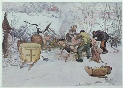 "Killing the Pig", kuvitus "My Little Farm" -lehdelle, julkaistu Ruotsissa, 1904 tekijältä Carl Larsson