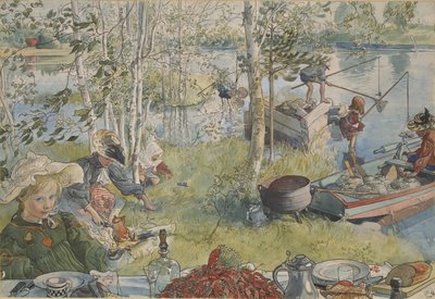 La peche aux ecrevisses - Rapukalastus, kirjoittanut Larsson, Carl (1853-1919). Akryylivärit paperille. Mitat: 32 x 43 cm. Tukholman kansallismuseo tekijältä Carl Larsson