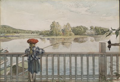 Lisbeth a la peche a la ligne - Lisbeth Angling, kirjoittanut Larsson, Carl (1853-1919). Akvarelli ja tempera paperille. Mitat: 32 x 43 cm. Tukholman kansallismuseo tekijältä Carl Larsson