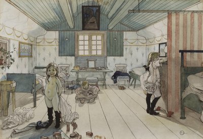 Äidit ja pienten tyttöjen huone, Koti-sarjasta, n. 1895 (wc paperilla) tekijältä Carl Larsson