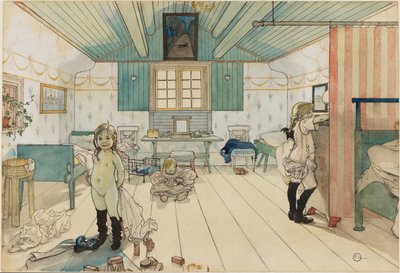 Äidin ja pienten tyttöjen huone. Teoksesta Koti (26 akvarellia) tekijältä Carl Larsson