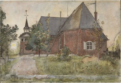 Vanha Sundbornin kirkko. Teoksesta A Home (26 akvarellia) tekijältä Carl Larsson