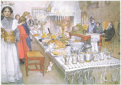 Jouluaattona ison salin valtava pitkä pöytä on täysin ruoan peitossa (värilitho). tekijältä Carl Larsson