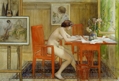 Malli kirjoittaa postikorttia tekijältä Carl Larsson