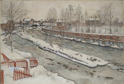 ”Timber Chute”. Talvimaisema. Teoksesta A Home (26 akvarellia) tekijältä Carl Larsson