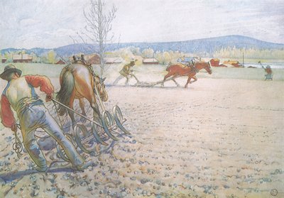 Kaksi miestä äkeineen työskenteli järjestelmällisesti edestakaisin tekijältä Carl Larsson