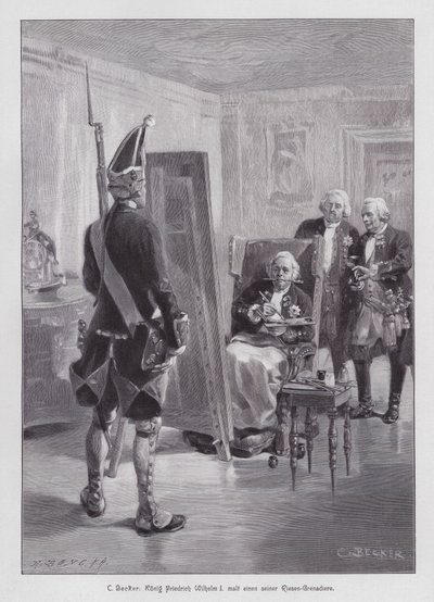 Preussin kuningas Frederick William I maalasi potsdamer Riesengarde (Potsdamin jättiläiskaarti) -lestarin (kaiverrus) tekijältä Carl Ludwig Friedrich (after) Becker