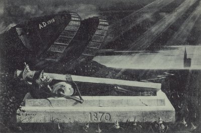 Ensimmäisen maailmansodan voitokas liittoutuneiden panssarivaunu ohittaa Ranskan ja Preussin sodan ranskalaisen ratsuväen sotilaan haudan. (litografia) tekijältä Carl Ludwig Friedrich Becker