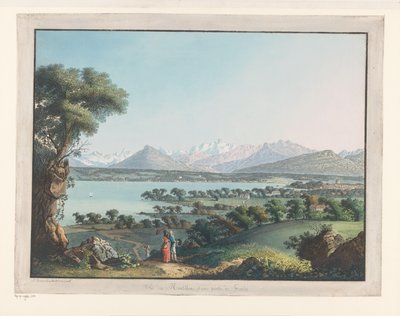 Näkymä Geneveen ja taustalla Mont-Blanc Näkymä Mont-Blancille ja osalle Geneveä (otsikko esineessä) tekijältä Carl Ludwig Hackert