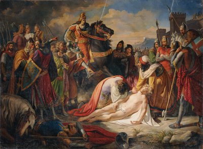 Kaarle I Anjou Manfredin ruumiista Beneventon taistelun jälkeen 26. helmikuuta 1266 1838 tekijältä Carl Rahl