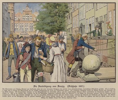Siviilit auttoivat preussilaisia haavoittuneita Danzigin puolustamisen aikana, kevät 1807 (väri litho) tekijältä Carl Röchling