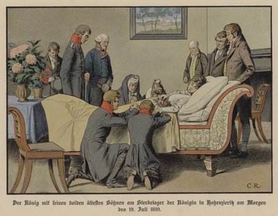 Preussin kuningas Frederick William III ja hänen kaksi vanhinta poikaansa kuningatar Louisen kuolinvuoteen vieressä aamulla 19. heinäkuuta 1810 (väri litho) tekijältä Carl Röchling
