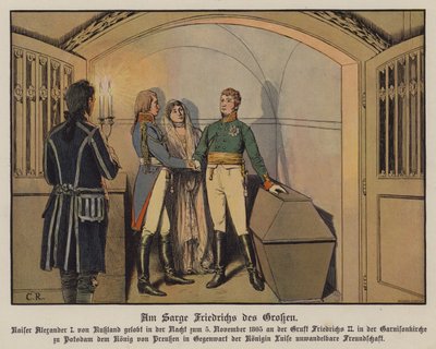 Venäjän tsaari Aleksanteri I vierailee Friedrich Suuren haudalla Potsdamissa kuninkaan Fredrik Vilhelm III:n ja Preussin kuningatar Luisan kanssa ja vannoi horjumatonta ystävyyttään, 5.11.1805 (värilitho) tekijältä Carl Röchling