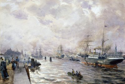 Purjelaivoja Hampurin satamassa, 1889 (wc ja guassi paperilla) tekijältä Carl Rodeck