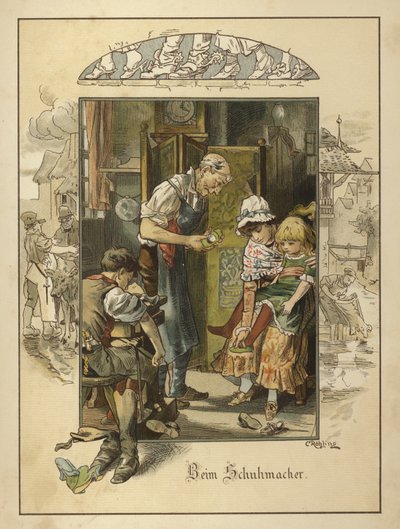 Suutarin luona (väri litho) tekijältä Carl Rohling