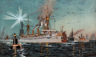 Keisarinna Augusta lähtee New Yorkista, kromolitografia C. Saltzmann 95, nro 13, G. Wislicenus, Unsre Kriegsmarine. tekijältä Carl Saltzmann