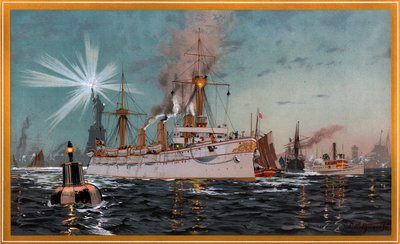 Keisarinna Augusta lähdössä New Yorkista, C. Saltzmannin kromolitografia 95, nro 13 G. Wislicenuksen teoksesta Unsre Kriegsflotte. tekijältä Carl Saltzmann