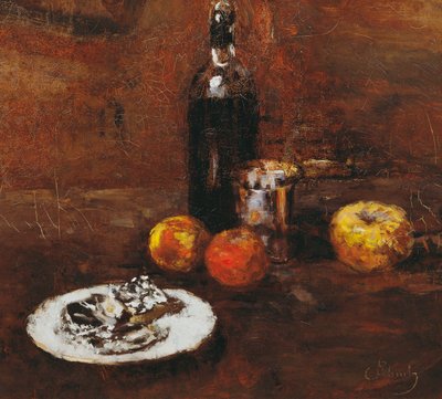 Asetelma kolmella omenalla ja juustolla foliossa tekijältä Carl Schuch