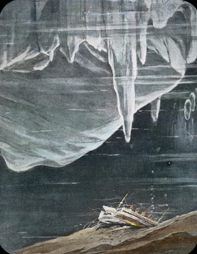Titanicin neitsytmatka 1912, Titanicin katastrofi, kuvitus, Titanicin uppoaminen, historia, historiallinen, kuvitus, Carl Simon, käsin väritetty lasidia tekijältä Carl Simon