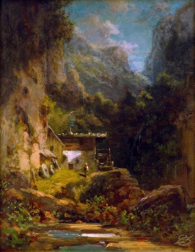 Mühle in Waldschlucht mit einer Figur tekijältä Carl Spitzweg
