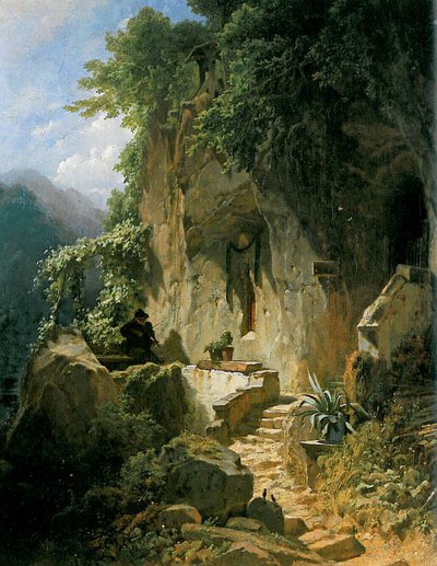 Musizierender Einsiedler tai seineri Felsenklause tekijältä Carl Spitzweg