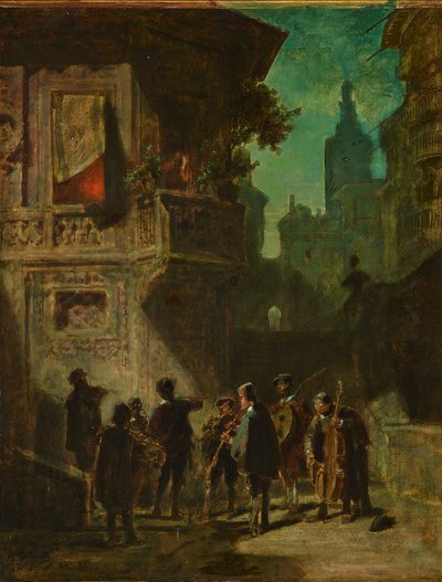 Espanjalainen serenadi Sevillan parturista, noin 1856. tekijältä Carl Spitzweg