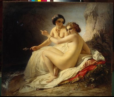 ""Kaksi tyttöä luolassa"" (Kaksi tyttöä luolassa) Timofei Neffin (Carl Timoleon von Neff) maalaus (1805-1876) - 1859 - Öljy kankaalle - Venäjän valtionmuseo, Pietari tekijältä Carl Timoleon von Neff