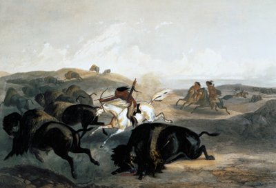 "Intiaanit metsästävät biisonia", 1843 tekijältä Carl Vogel