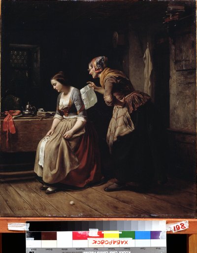 ""Kirje"" (Kirje) Palvelija tuo kirjeen epätoivoiselle nuorelle tytölle. Carl Wilhelm Hubnerin (1814-1879) maalaus 1800-luvun Kaukoidän taidemuseo, Habarovsk, Venäjä tekijältä Carl Wilhelm Hübner
