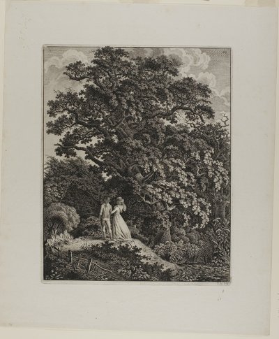 Metsämaisema, jossa tyylikäs pariskunta kävelee tammen alla tekijältä Carl Wilhelm Kolbe, the elder