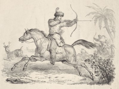 Kasakat hevosen selässä metsästävät peuroja, 1821-36. tekijältä Carle Vernet