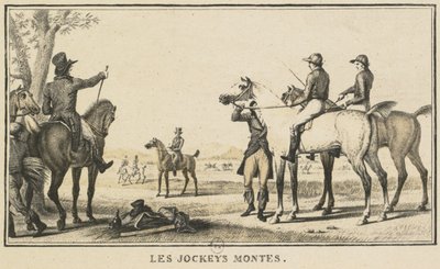Kilpa-kohtaukset: Jockey nousemassa hevoskilpailuun: Jockey nousemassa hevoselle. tekijältä Carle Vernet