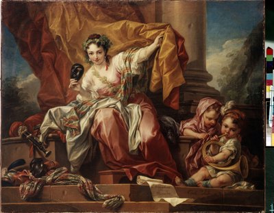 Komedian allegoria. Carle Van Loon (1705-1765) maalaus. Öljy kankaalle tekijältä Carle van Loo