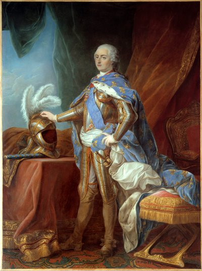 Ludvig XV:n (1710-1774) jalassa muotokuva, panssari, käsi ruorissa. Carle Van Loon (1705-1765) maalaus, öljy kankaalle (271 x 193 cm) tekijältä Carle van Loo