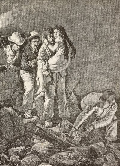 Tyttö pelastetaan kotinsa romahtamisen jälkeen, Casamicciola-maanjäristys Italiassa, kaiverrus E Sanesin piirroksesta ja Carlo Ademollon (1824-1911) maalauksesta L