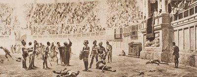Munkki Almachius yrittää pysäyttää gladiaattoritaistelun, esimerkki H.G. Wellsin teoksesta "The Outline of History", osa II, julkaistu vuonna 1920 tekijältä Carlo Ademollo