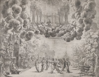 Lavasuunnittelu allegorisilla hahmoilla, teoksesta "Kaikkien täydellisyyksien idea ... Piacenz ..., ca. 1690. tekijältä Carlo Antonio Forti