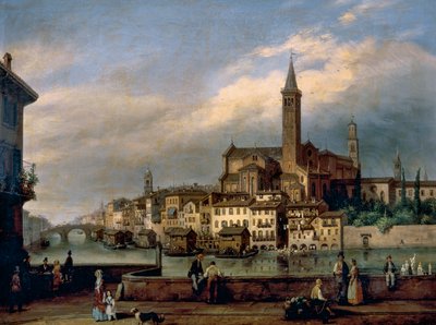 Näkymä Adige-joelle Veronassa, taustalla Pyhän Anastasian kirkko tekijältä Carlo Canella