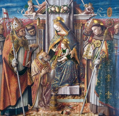 Saksalainen: Kruunattu Madonna lapsen kanssa, avainten luovuttaminen apostoli Pietarille ja Pyhä Johannes Capistranus, Pyhä Emidius, Pyhä Fransiskus, Pyhä Ludvig Toulousen, autuas Giacomo della Marca ja piispa Kruunattu Madonna lapsen kanssa, avainten luov tekijältä Carlo Crivelli
