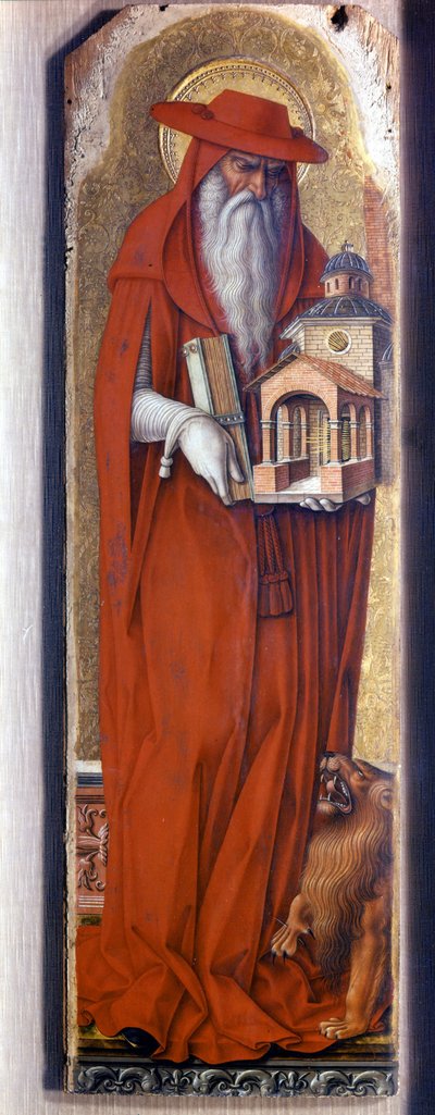 Pyhä Hieronymus yllään piispan puku (lakkinen). Carlo Crivellin Predelle Demidoff (1430/35 - 1494). 1476. tekijältä Carlo Crivelli