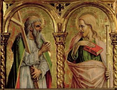 Pyhä Andreas ja Pyhä Jaakob, yksityiskohta SantEmidion polyptyykistä, 1473, tempera paneelille, yksityiskohta 76636:sta. tekijältä Carlo Crivelli