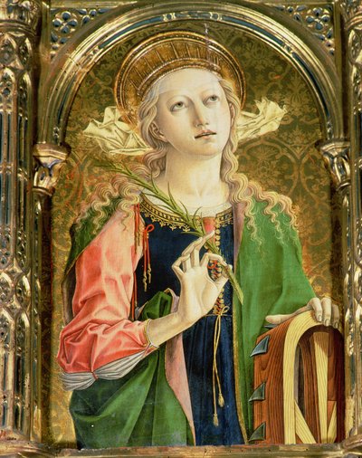 Pyhä Katariina Aleksandrialainen, yksityiskohta SantEmidio-polyptyykistä, 1473, tempera paneelille, yksityiskohta 76636:sta. tekijältä Carlo Crivelli