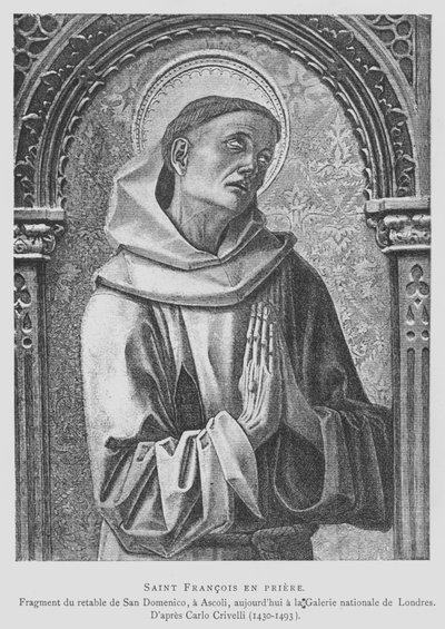 Pyhä Franciscus Assisilainen rukoilee (litho) tekijältä Carlo Crivelli