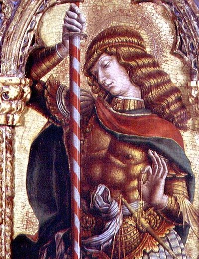 St. Michael, yksityiskohta San Martinon polyptyykistä (tempera taulussa) (katso 76669) tekijältä Carlo Crivelli