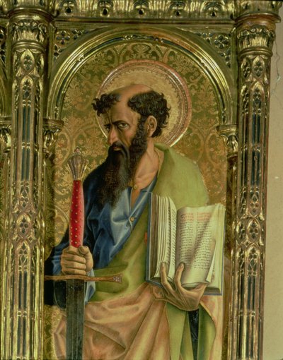 Pyhä Paavali, yksityiskohta SantEmidion polyptyykistä, 1473, tempera paneelille, yksityiskohta kuvista 76636 ja 76646. tekijältä Carlo Crivelli